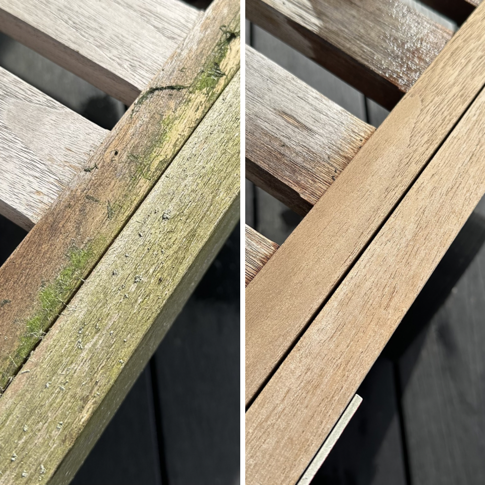 Teak ligstoel voor en na beeld