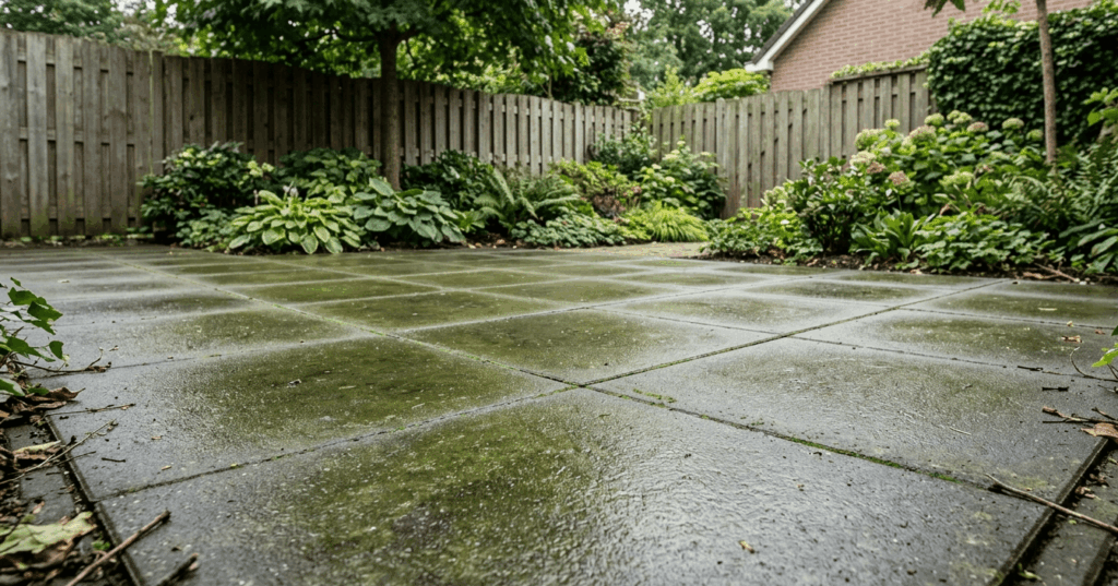 groene aanslag op betonnen terrastegels in tuin