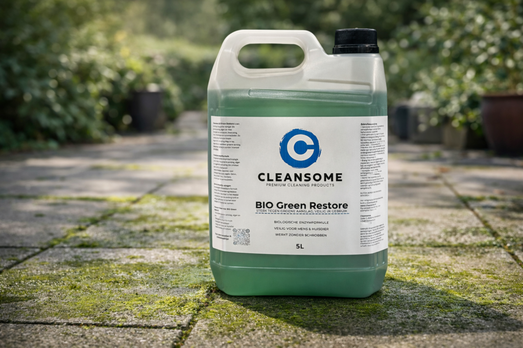 fles Cleansome BIO Green Restore naast terras met groene aanslag