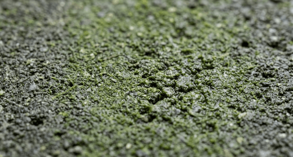 Close-up van groene aanslag op betonnen terrastegels