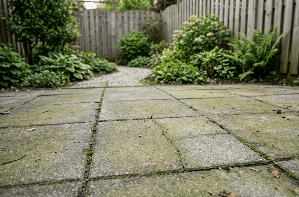 Groene aanslag op betonnen terrastegels in een tuin