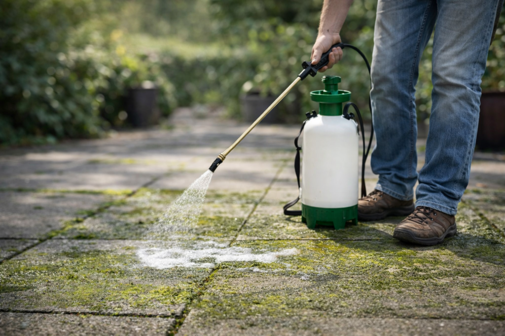 Aanbrengen van groene aanslagreiniger op terrastegels met een drukspuit