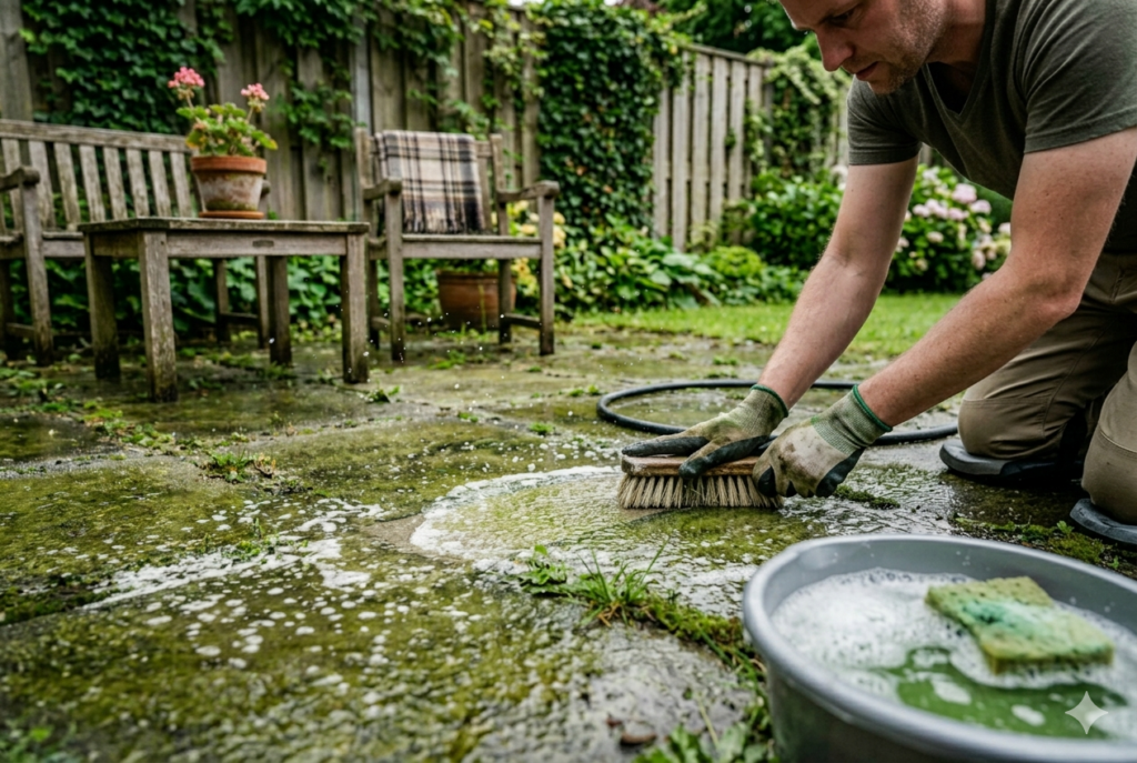 persoon die groene algenaanslag van terrastegels schrobt met harde borstel