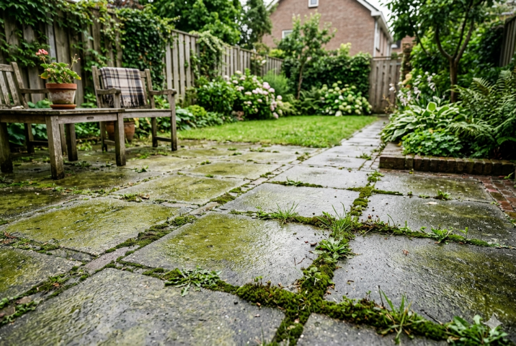 Close-up van dikke groene algenaanslag op grijze betontegels van een terras in de schaduw