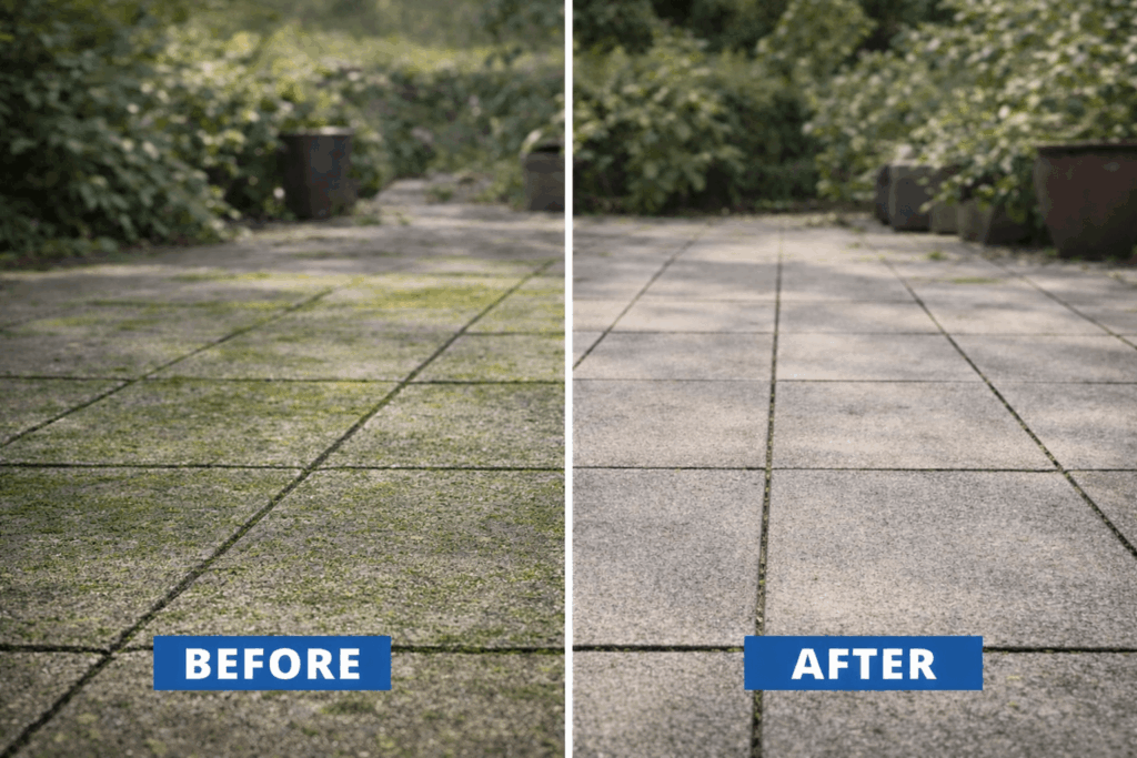 Voor en na vergelijking van terrastegels met groene aanslag en schone tegels