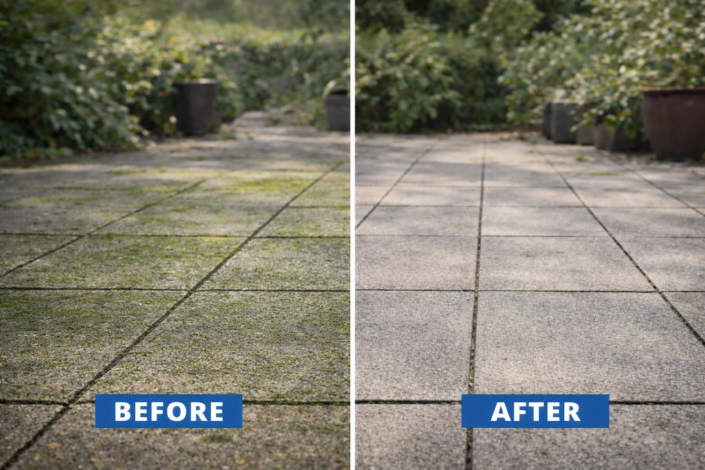 ergelijking van terrastegels met groene aanslag voor en na reiniging