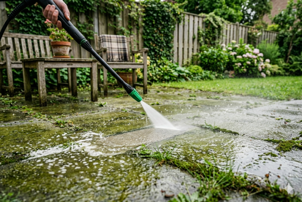 hogedrukreiniger die groene algenaanslag van betontegels op een terras spuit