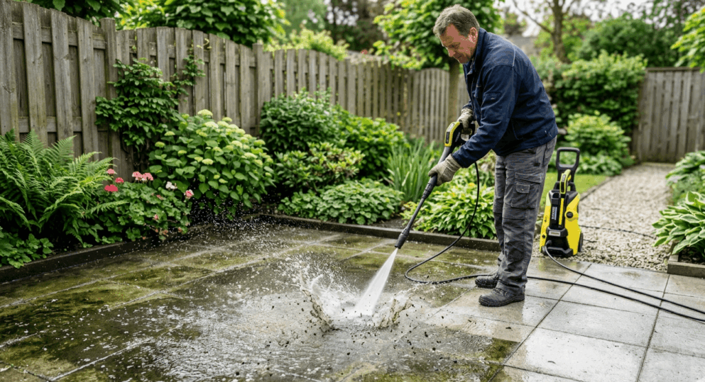 Terrastegels schoonmaken met een hogedrukreiniger