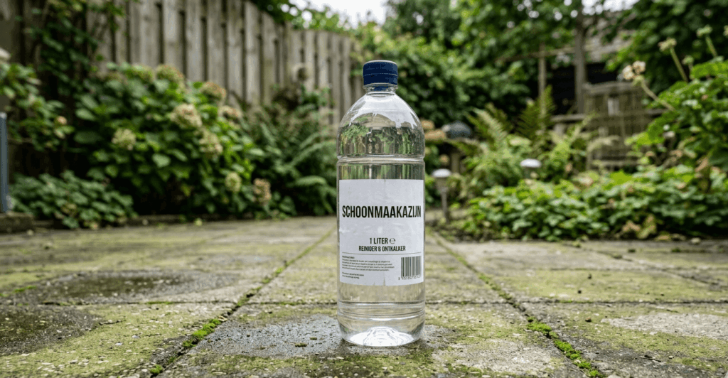 schoonmaakazijn op terras tegen groene aanslag