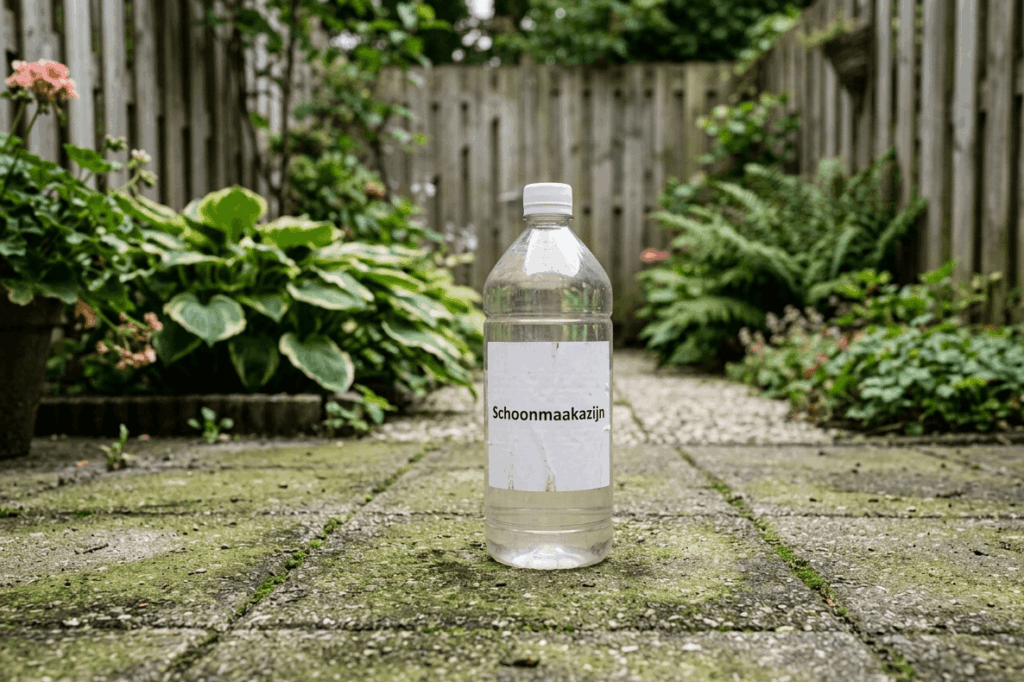 Fles schoonmaakazijn op terrastegels met groene aanslag