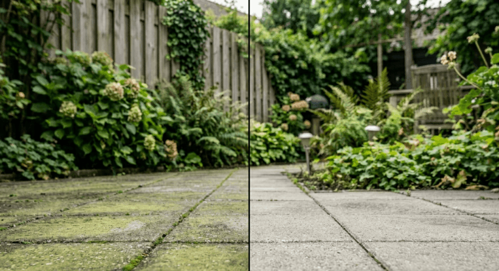 voor en na groene aanslag verwijderen betonnen terrastegels